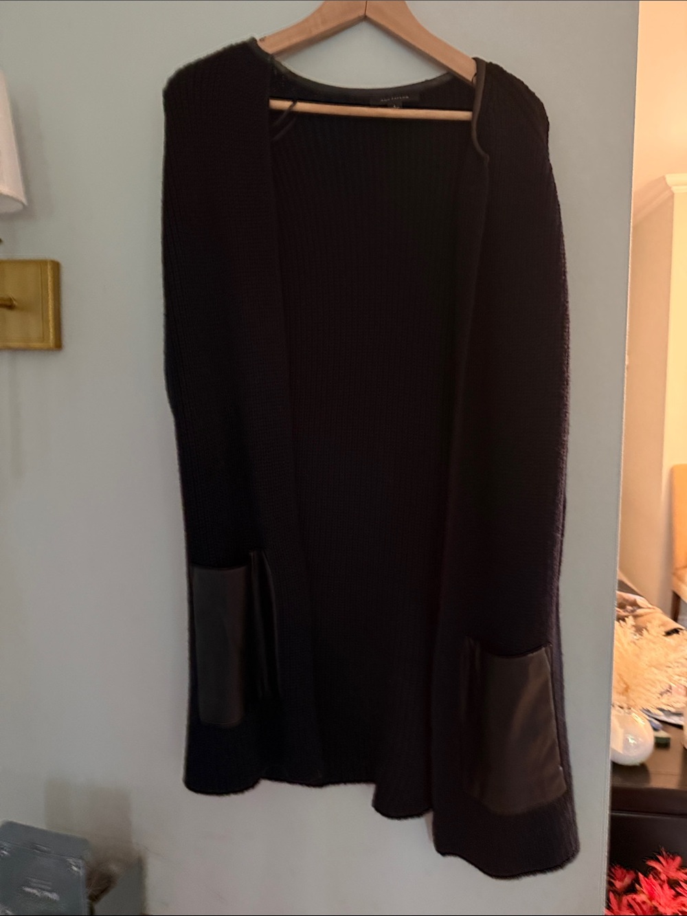 Ann Taylor Black Open Knit Cardigan with Faux Leather Pockets